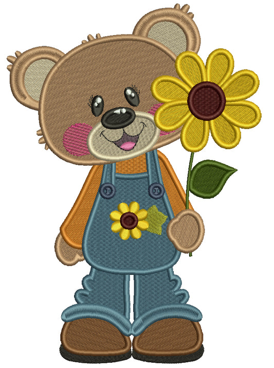 Cute Bear Holding Big Sunflower Thanksgiving Filled Machine Embroidery Design Digitized Pattern