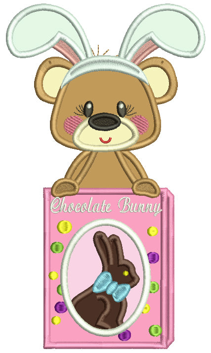 Cute Bear Holding Box With Chocolate Bunny Applique Easter Machine Embroidery Design Digitized Pattern