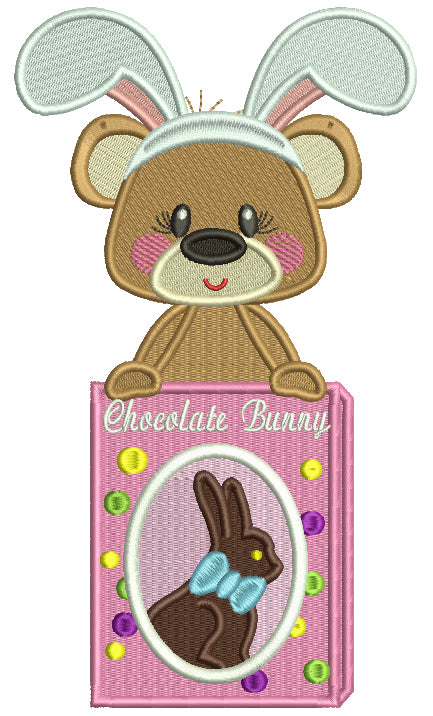 Cute Bear Holding Box With Chocolate Bunny Filled Easter Machine Embroidery Design Digitized Pattern