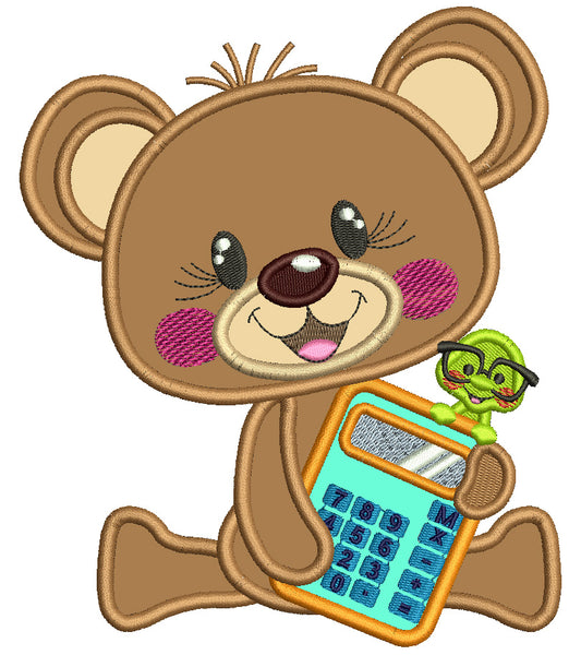 Cute Bear Holding Calculator School Applique Machine Embroidery Design Digitized Pattern