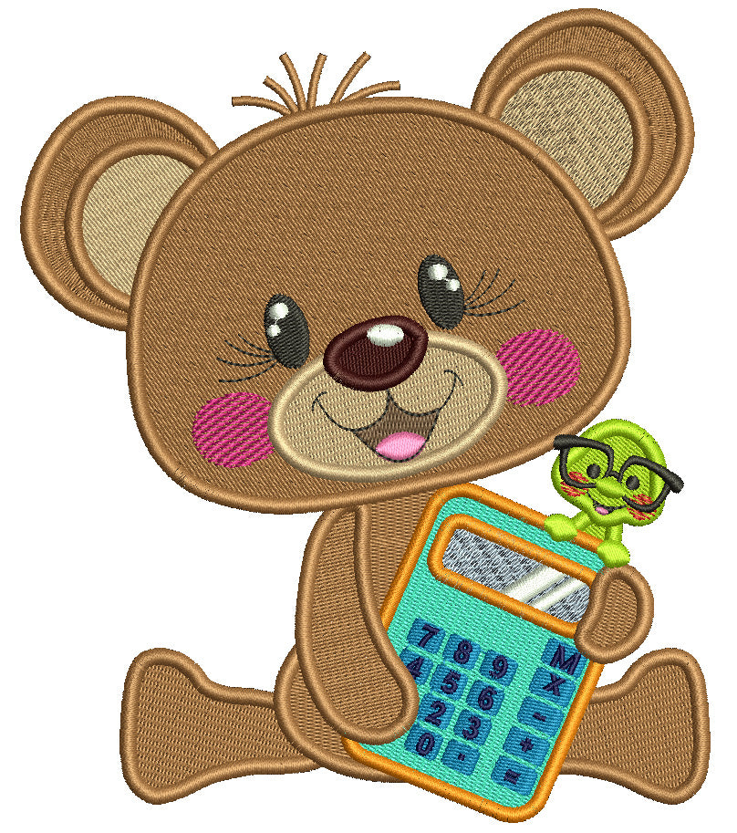 Cute Bear Holding Calculator School Filled Machine Embroidery Design Digitized Pattern