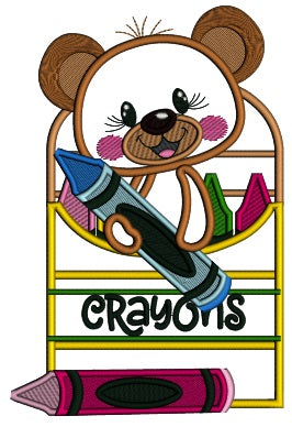 Cute Bear Holding Crayons School Applique Machine Embroidery Design Digitized Pattern