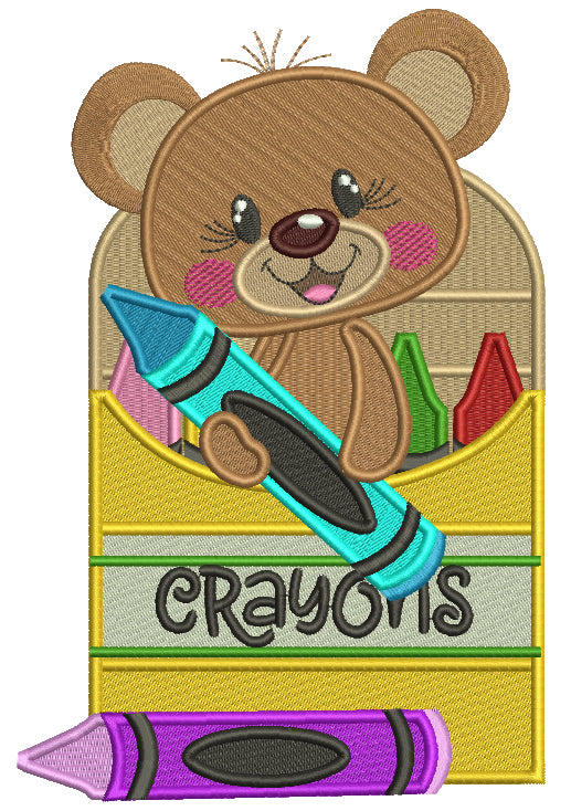 Cute Bear Holding Crayons School Filled Machine Embroidery Design Digitized Pattern