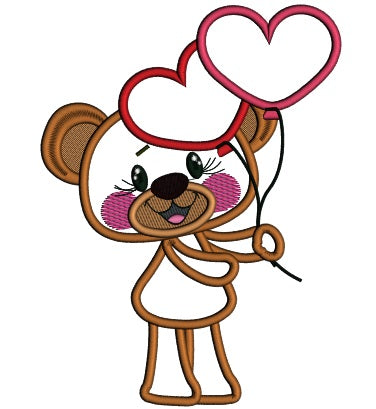 Cute Bear Holding Heart Shaped Balloons Applique Machine Embroidery Design Digitized Pattern