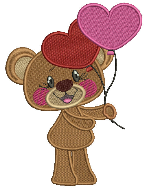 Cute Bear Holding Heart Shaped Balloons Filled Machine Embroidery Design Digitized Pattern