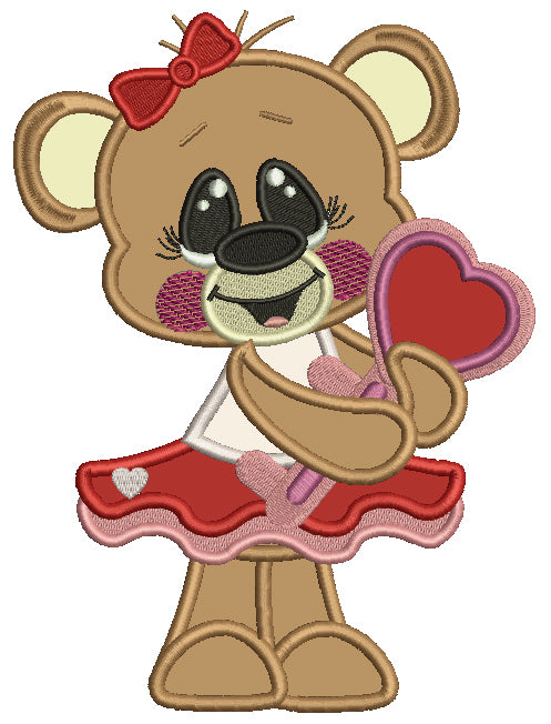 Cute Bear Holding Heart Shaped Key Applique Machine Embroidery Design Digitized Pattern