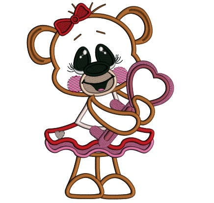 Cute Bear Holding Heart Shaped Key Applique Machine Embroidery Design Digitized Pattern