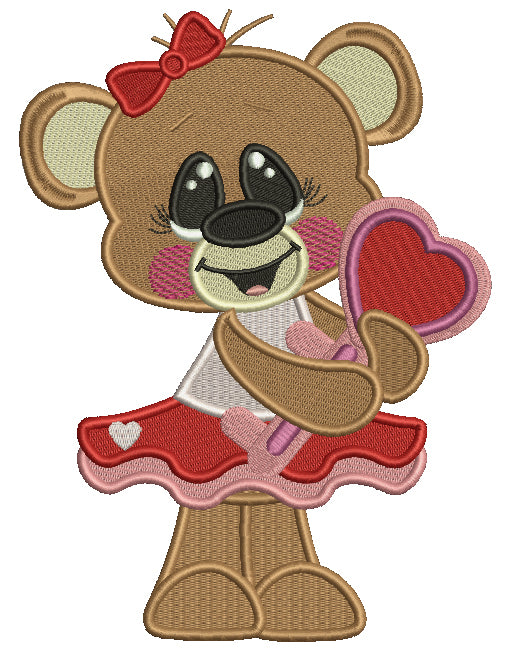 Cute Bear Holding Heart Shaped Key Filled Machine Embroidery Design Digitized Pattern