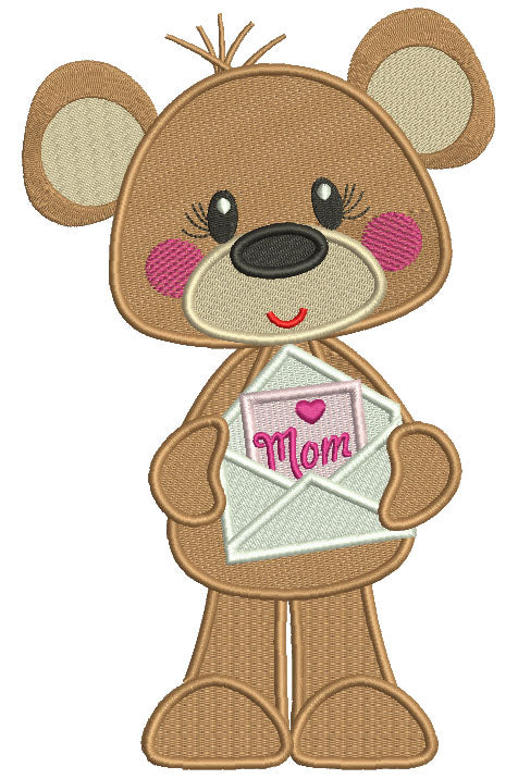 Cute Bear Holding Letter To Mom Mother's Day Filled Machine Embroidery Design Digitized Pattern