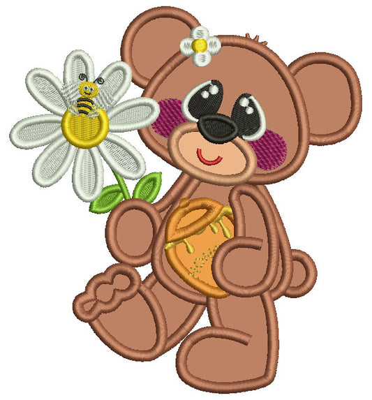 Cute Bear Holding Pot of Honey And a Flower With a Bee Applique Machine Embroidery Design Digitized Pattern