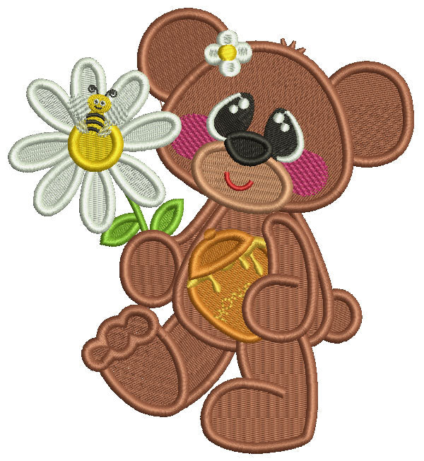 Cute Bear Holding Pot of Honey And a Flower With a Bee Filled Machine Embroidery Design Digitized Pattern