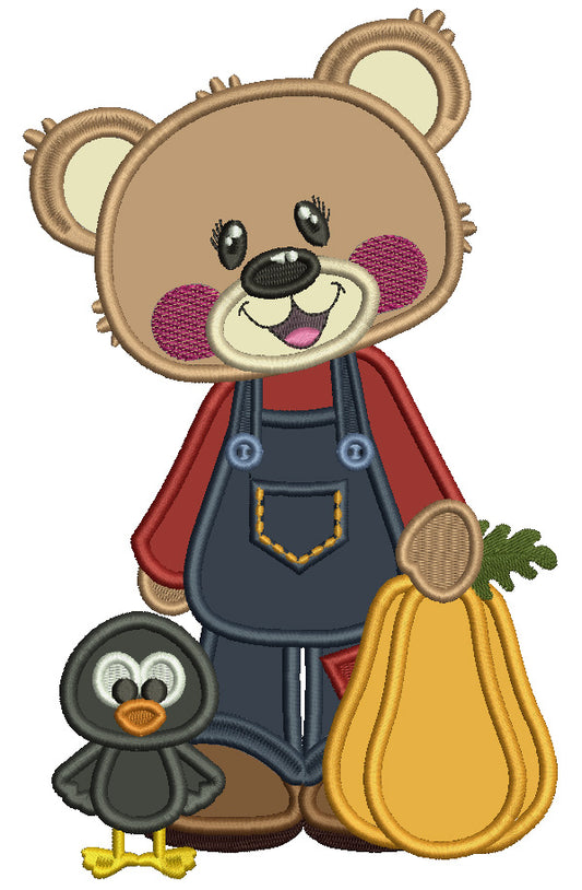 Cute Bear Holding Pumpkin With a Crow Thanksgiving Applique Machine Embroidery Design Digitized Pattern