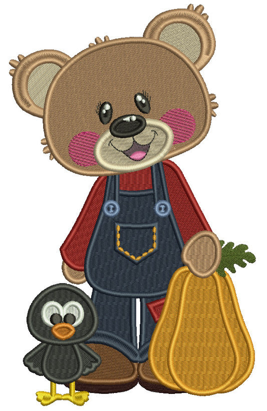 Cute Bear Holding Pumpkin With a Crow Thanksgiving Filled Machine Embroidery Design Digitized Pattern