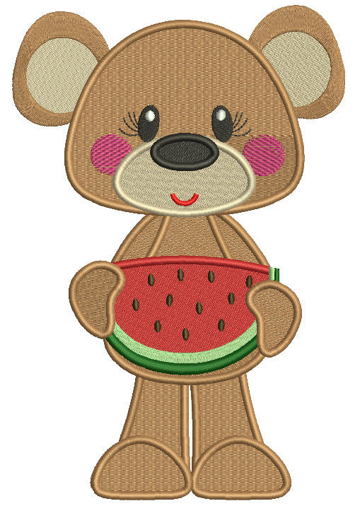 Cute Bear Holding Slice Of Watermelon Filled Machine Embroidery Design Digitized Pattern