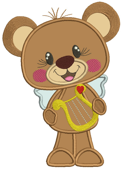 Cute Bear Holding a Musical Instrument Applique Machine Embroidery Design Digitized Pattern