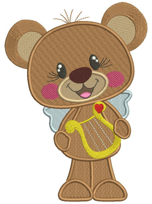 Cute Bear Holding a Musical Instrument Filled Machine Embroidery Design Digitized Pattern