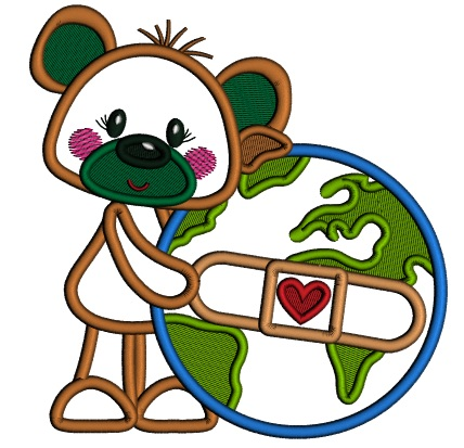 Cute Bear Hugging Globe With Bandaid Applique Machine Embroidery Design Digitized Pattern