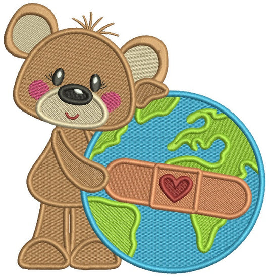 Cute Bear Hugging Globe With Bandaid Filled Machine Embroidery Design Digitized Pattern