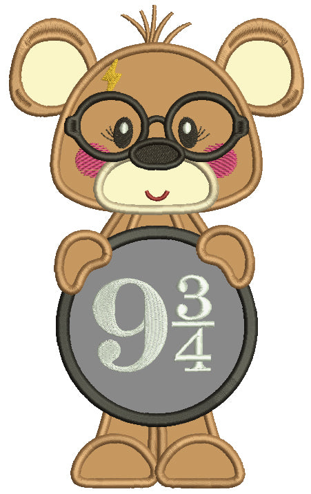 Cute Bear Looks Like Harry Potter Holding Sign With Platform Nine and Three Quarters Applique Machine Embroidery Design Digitized Pattern