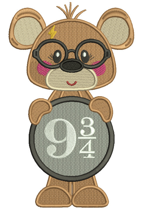 Cute Bear Looks Like Harry Potter Holding Sign With Platform Nine and Three Quarters Filled Machine Embroidery Design Digitized Pattern