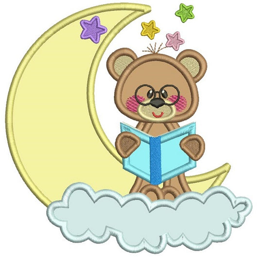 Cute Bear On The Moon Reading a Book Applique Machine Embroidery Design Digitized Pattern