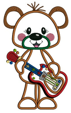 Cute Bear Playing Guitar Applique Applique Machine Embroidery Design Digitized Pattern