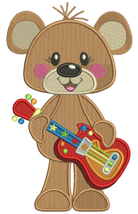 Cute Bear Playing Guitar Filled Machine Embroidery Design Digitized Pattern