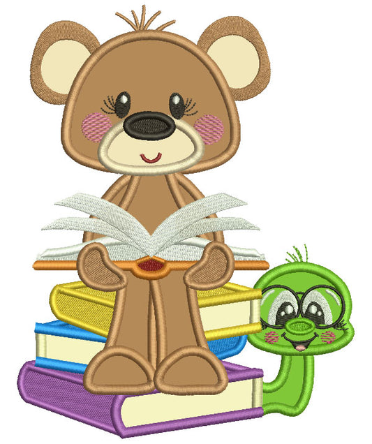 Cute Bear Reading Book School Applique Machine Embroidery Design Digitized Pattern