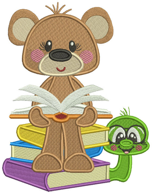 Cute Bear Reading Book School Filled Machine Embroidery Design Digitized Pattern