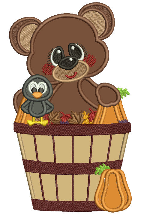 Cute Bear Sitting In a Fall Basket With Leaves Applique Machine Embroidery Design Digitized Pattern