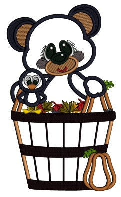 Cute Bear Sitting In a Fall Basket With Leaves Applique Machine Embroidery Design Digitized Pattern