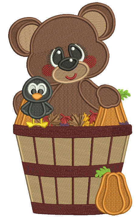 Cute Bear Sitting In a Fall Basket With Leaves Filled Machine Embroidery Design Digitized Pattern