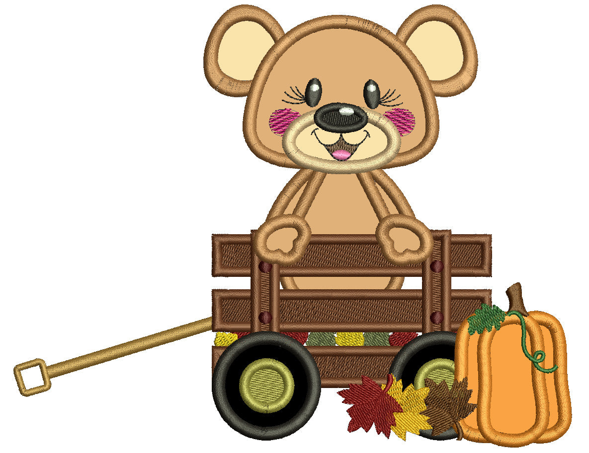 Cute Bear Sitting Inside Wagon With Fall Leaves Applique Machine Embroidery Design Digitized Pattern