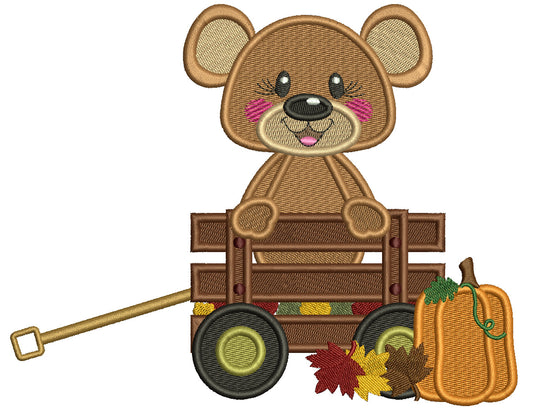 Cute Bear Sitting Inside Wagon With Fall Leaves Filled Machine Embroidery Design Digitized Pattern