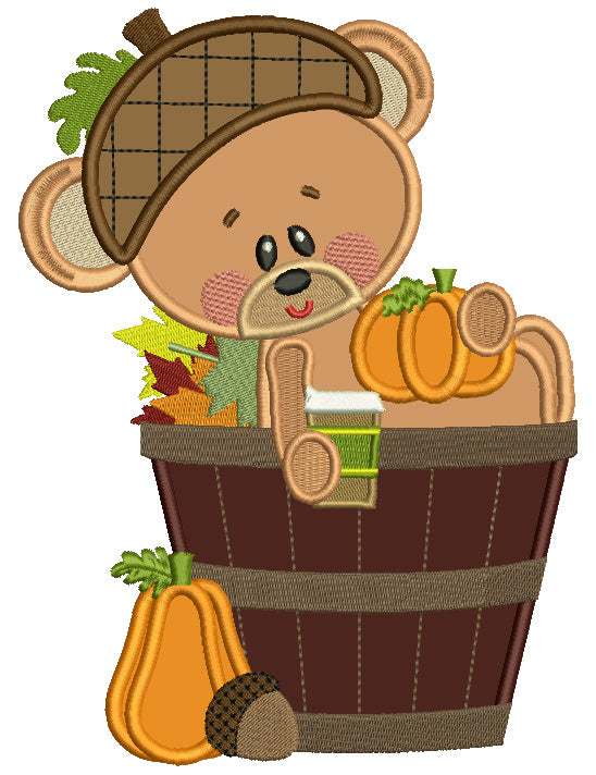 Cute Bear Sitting Inside a Barrel Holding a Pumpkin Fall Applique Machine Embroidery Digitized Design Pattern