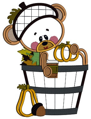 Cute Bear Sitting Inside a Barrel Holding a Pumpkin Fall Applique Machine Embroidery Digitized Design Pattern