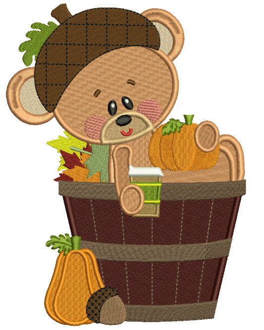Cute Bear Sitting Inside a Barrel Holding a Pumpkin Fall Filled Machine Embroidery Digitized Design Pattern