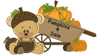 Cute Bear Sitting Next To Wagon With Pumpkins Fall Applique Machine Embroidery Design Digitized Pattern