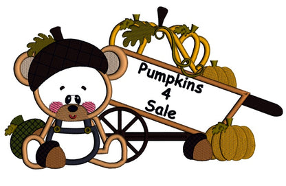 Cute Bear Sitting Next To Wagon With Pumpkins Fall Applique Machine Embroidery Design Digitized Pattern