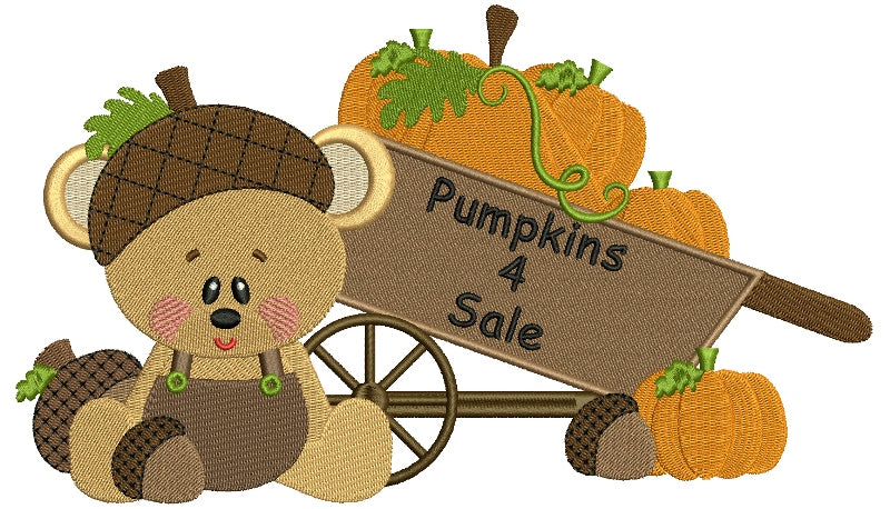 Cute Bear Sitting Next To Wagon With Pumpkins Fall Filled Machine Embroidery Design Digitized Pattern
