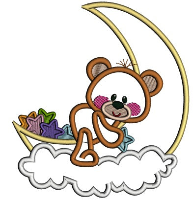 Cute Bear Sitting On The Moon Applique Machine Embroidery Design Digitized