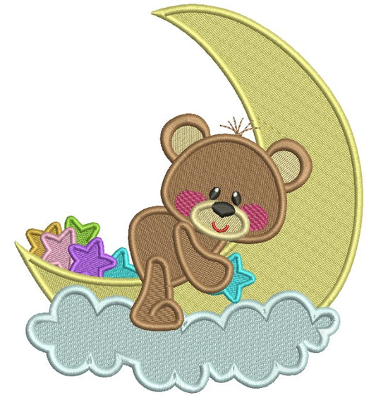 Cute Bear Sitting On The Moon Filled Machine Embroidery Design Digitized