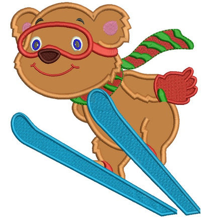 Cute Bear Skiing Christmas Applique Machine Embroidery Design Digitized Pattern