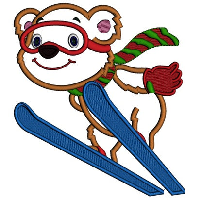 Cute Bear Skiing Christmas Applique Machine Embroidery Design Digitized Pattern