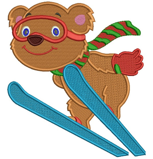 Cute Bear Skiing Christmas Filled Machine Embroidery Design Digitized Pattern