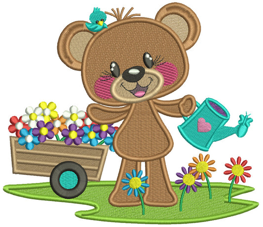 Cute Bear Watering Plants Filled Machine Embroidery Design Digitized Pattern