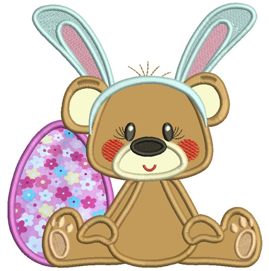 Cute Bear Wearing Bunny Ears Easter Egg Applique Machine Embroidery Design Digitized
