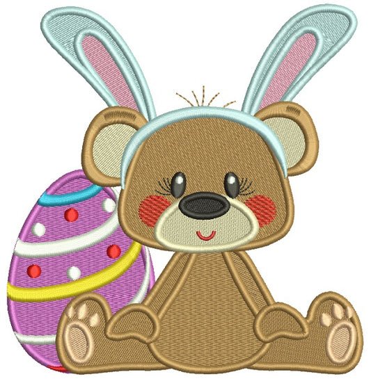 Cute Bear Wearing Bunny Ears Easter Egg Filled Machine Embroidery Design Digitized