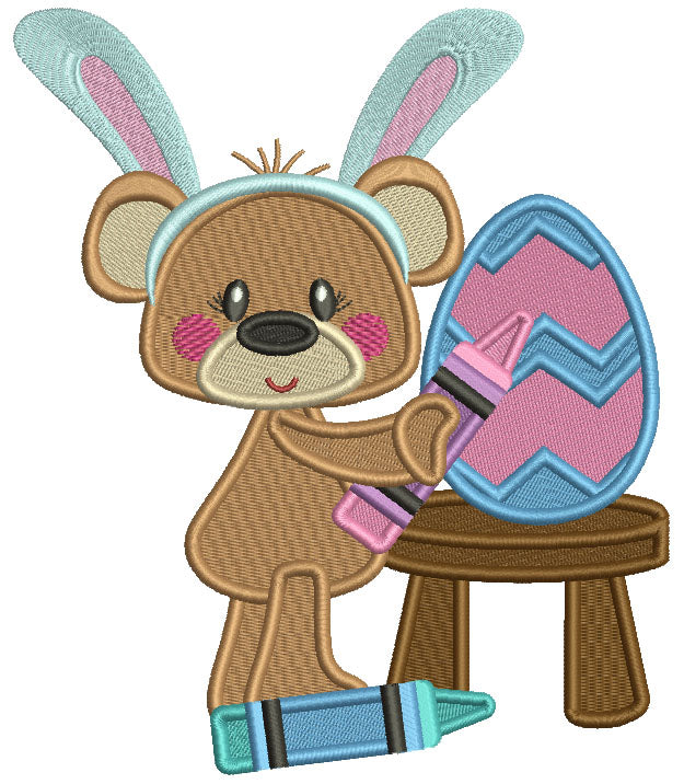 Cute Bear Wearing Bunny Ears Painting Easter Egg Filled Machine Embroidery Design Digitized Pattern