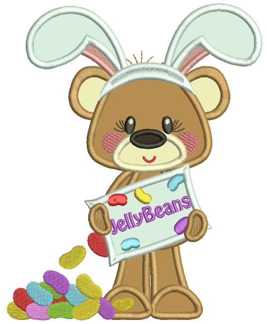 Cute Bear Wearing Bunny Ears With Jelly Beans Applique Easter Machine Embroidery Design Digitized Pattern
